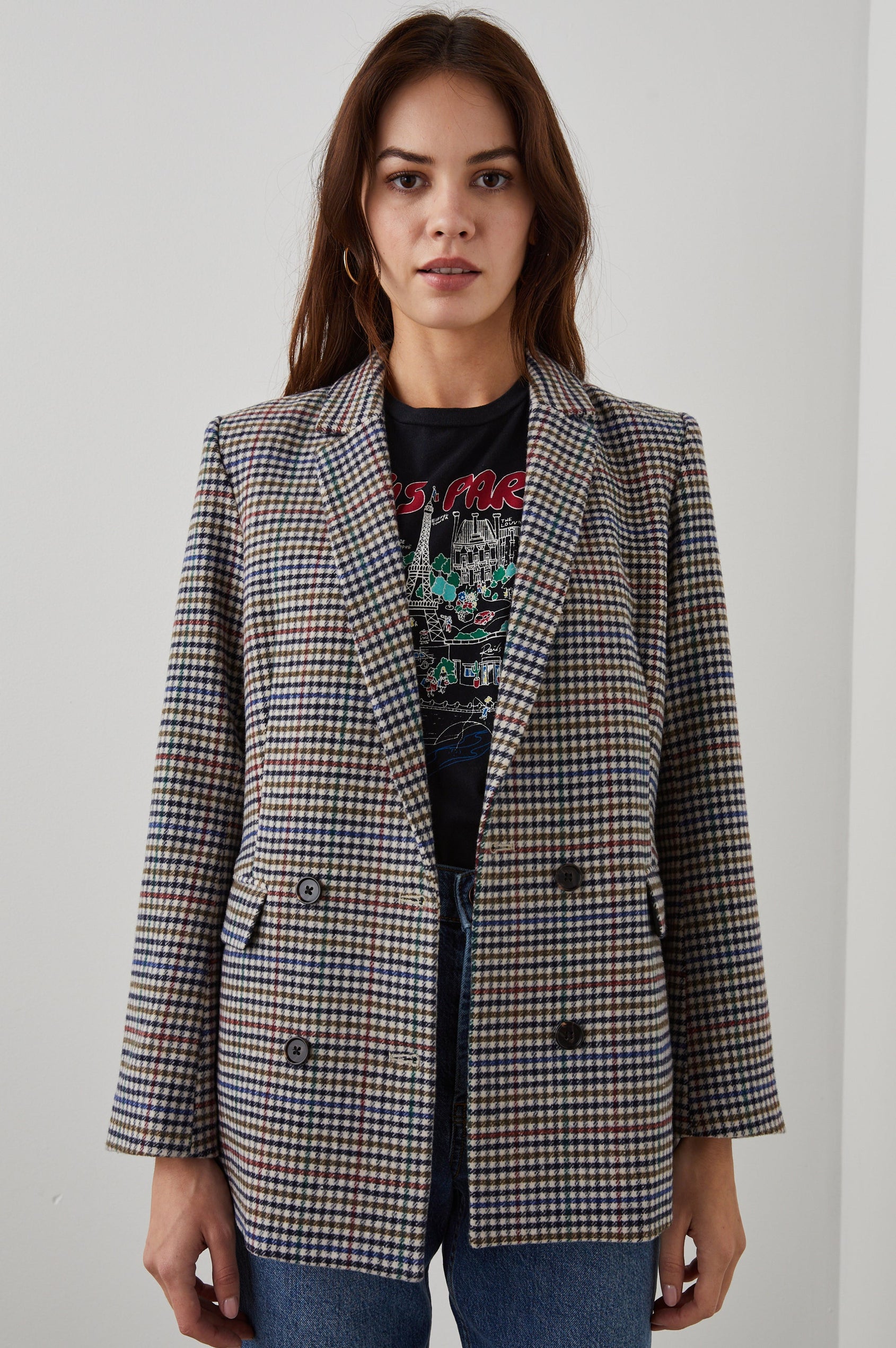 Jac Double-Breasted Blazer with Two Front Flap Pockets and a Notched Label in Cardinal Pine Multi Colorway, a plaid with Cardinal, Pine, Blue, Cream and Black - Front View Featured on Model