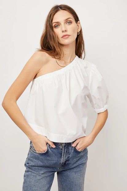 JAYLA WHITE ONE SHOULDER SHIRT- FRONT UNTUCKED