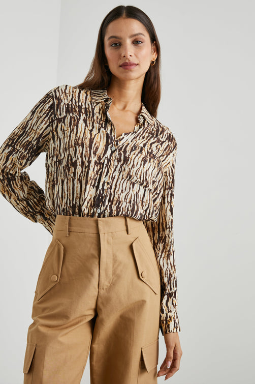 JOSEPHINE SHIRT NEUTRAL IKAT - FRONT TUCKED IN