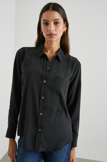 KATE SHIRT BLACK EYELET STARS - FRONT UNTUCKED