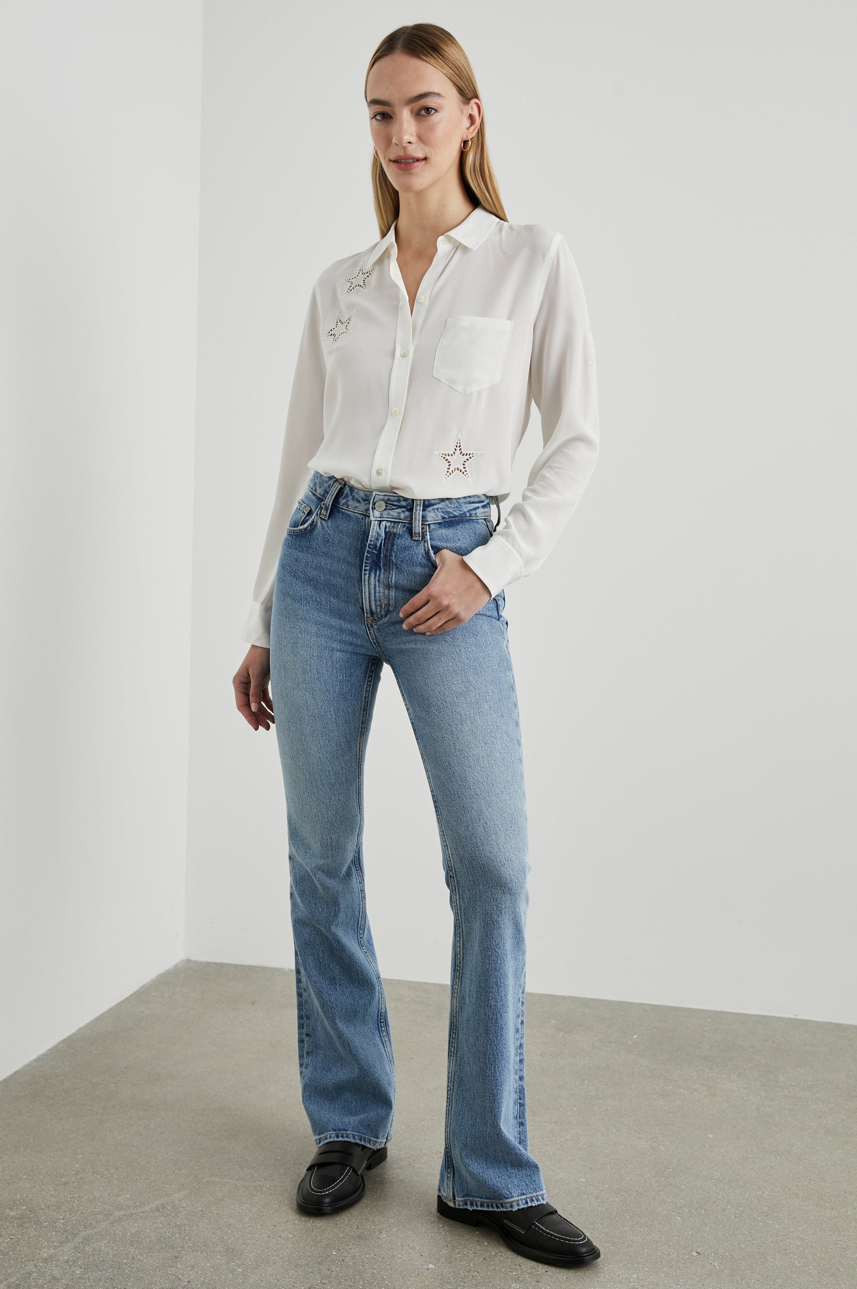Kate Long Sleeve Button up with a Chest Patch Pocket and Eyelet Stars in Ivory Eyelet Stars Colorway  - Front Tucked Full Body View Featured on Model
