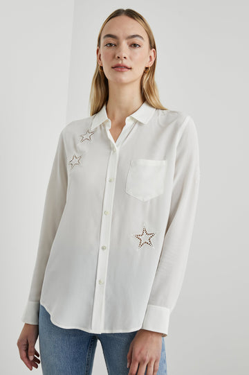 Kate Long Sleeve Button up with a Chest Patch Pocket and Eyelet Stars in Ivory Eyelet Stars Colorway  - Front View Featured on Model