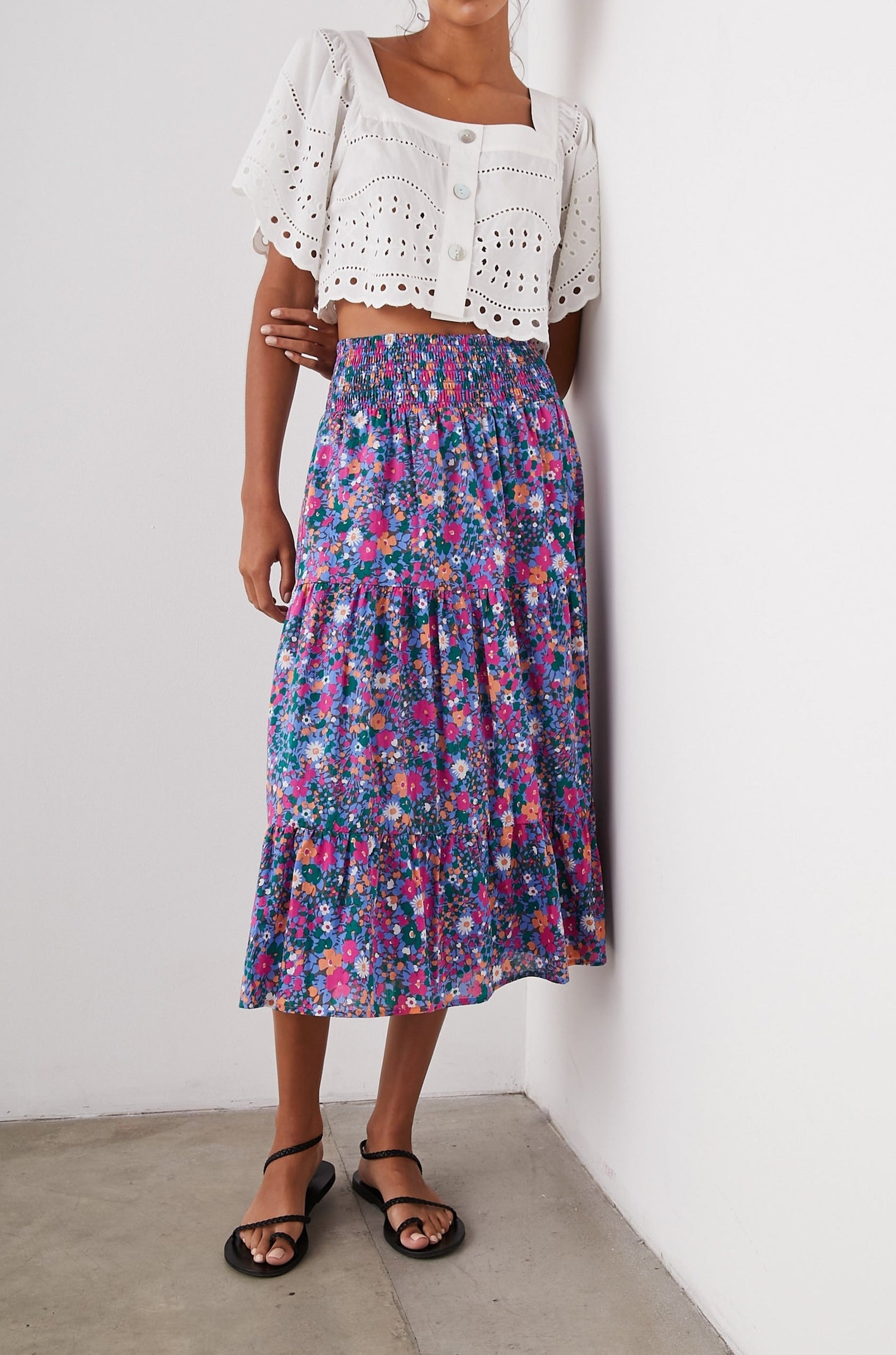 Kit Short Sleeve Crop Top with a Square Neckline, Front Button Closure, and an Eyelet Design in White Eyelet Embroidery Colorway - Front Full Body View Featured on Model 