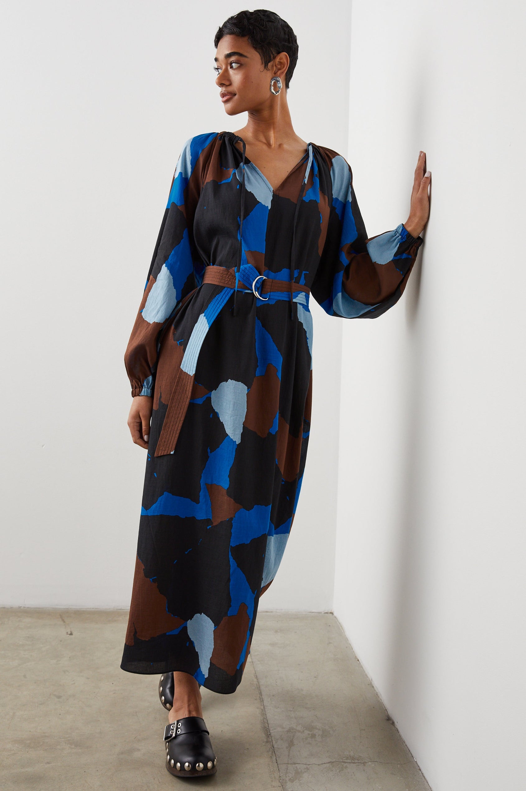 LEANNA DRESS BLUE MULTI COLOR BLOCK - FRONT ANGLE