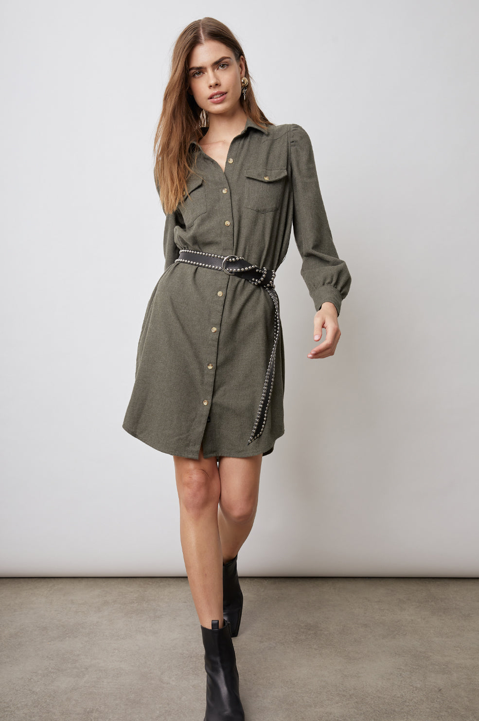 LEONA HUNTER GREEN DRESS-FULL FRONT BODY IN MOTION