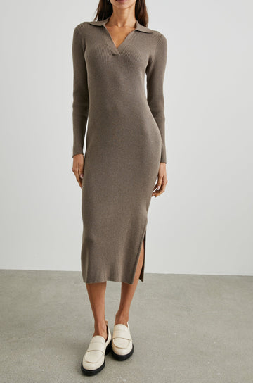 Luciana Ribbed, Long Sleeve Midi Dress with a V Neck Placket with a Collar, and a Side Slit in Latte Colorway - Front Full Body View Featured on Model 
