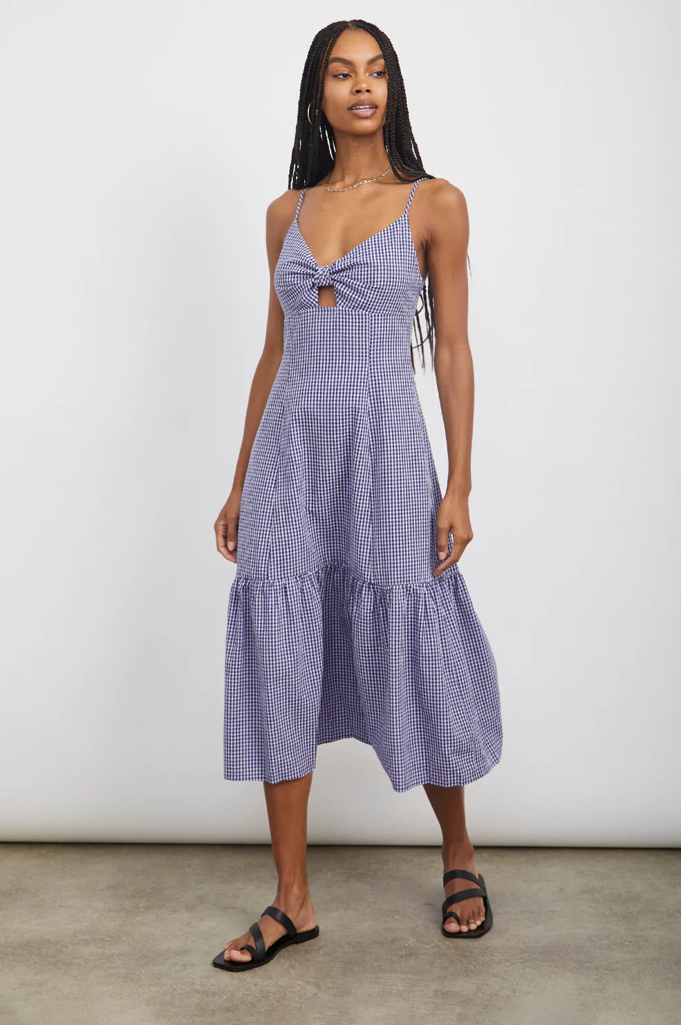 MAEVE NAVY LILAC GINGHAM DRESS-FULL FRONT BODY IN MOTION
