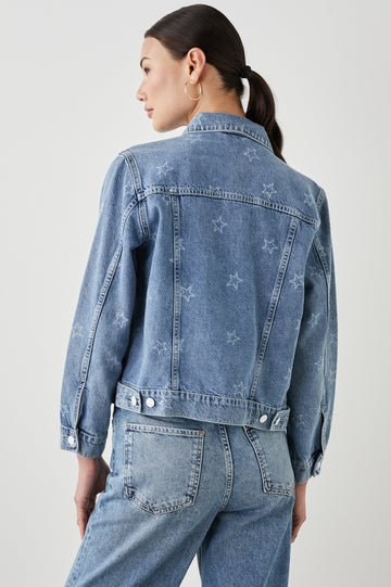 Mulholland Denim Jacket with Button Closure, Two Chest Button Flap Pockets, Two Front Pockets, Adjustable Button Straps on Hem in Lady Liberty Colorway, with White Stars - Back View Featured on Model  