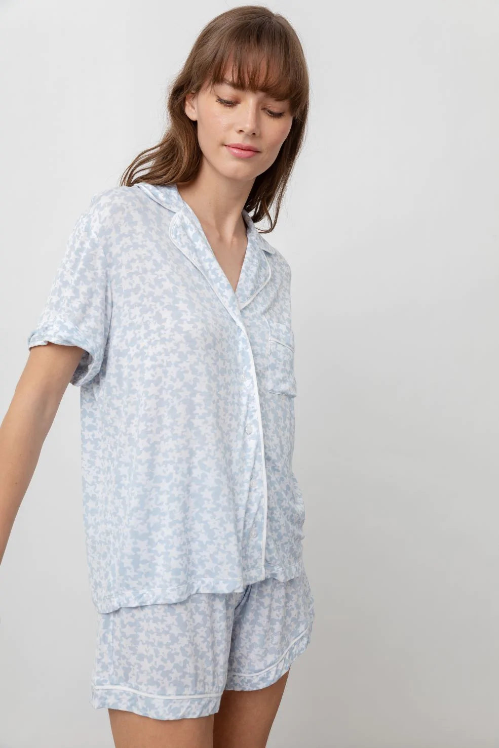 Nessa Sky Stars Short Sleeve Short Set With Piping - full front body