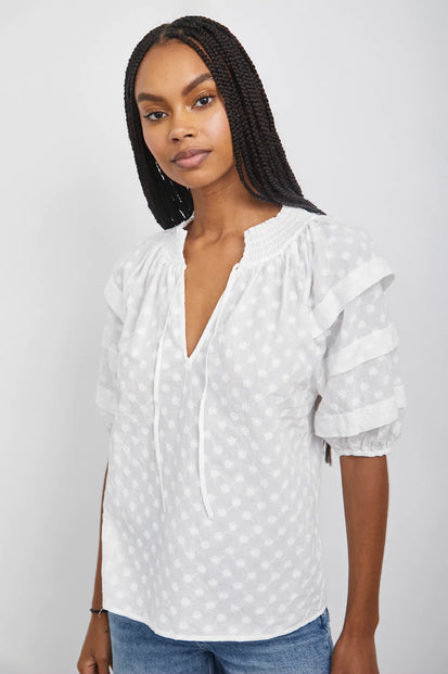 PARIS WHITE EMBROIDERED DAISIES TOP- FRONT