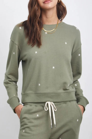 RAMONA OLIVE EMBROIDERED IVORY STARS SSWEATER- FRONT
