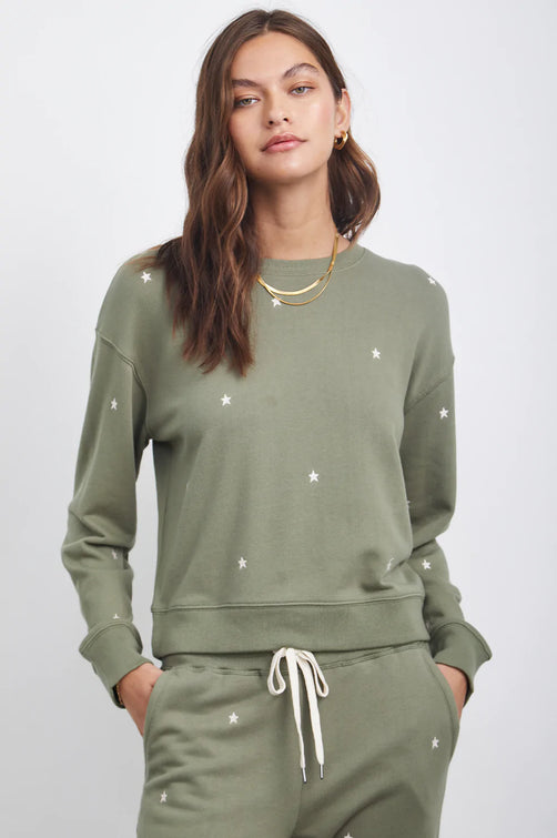 RAMONA OLIVE EMBROIDERED IVORY STARS SSWEATER- FRONT