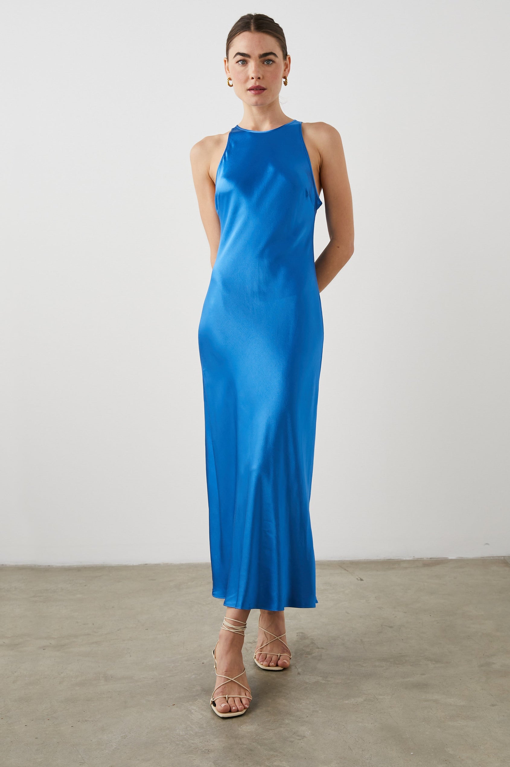 SOLENE DRESS COBALT - FRONT FULL BODY LEGS CROSSED