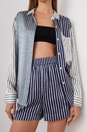Spencer Long-Sleeve Button Up with Chest Patch Pocket in Kent Multi Stripe Colorway, Patches of different colored vertical and horizontal stripes in blue and whites - Front Unbuttoned View Featured on Model