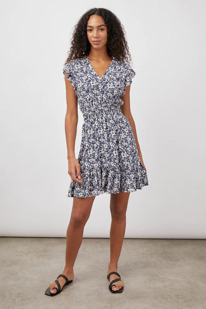 TARA NAVY WHITE TEXTURE FLORAL DRESS-FRONT