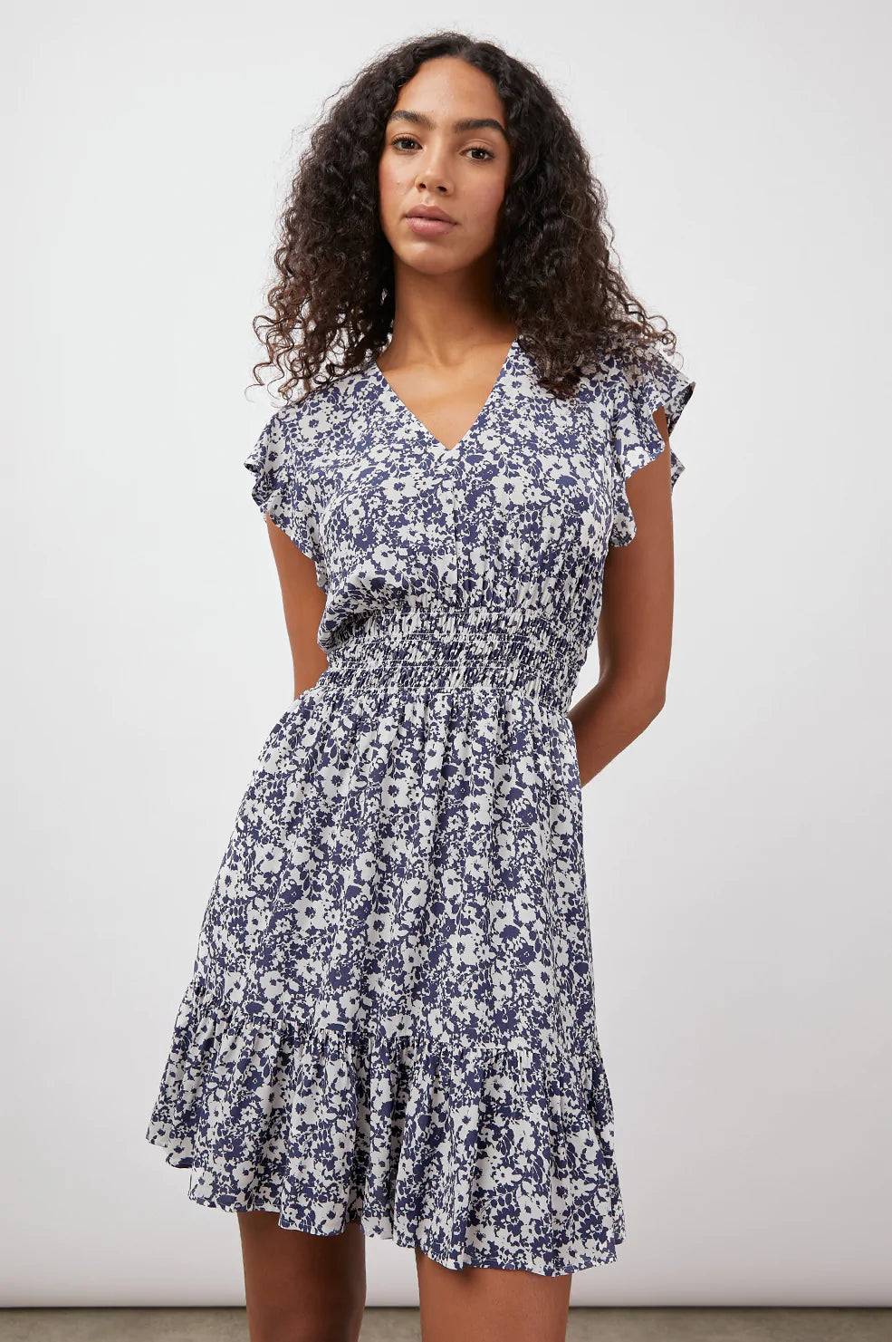 TARA NAVY WHITE TEXTURE FLORAL DRESS-FRONT