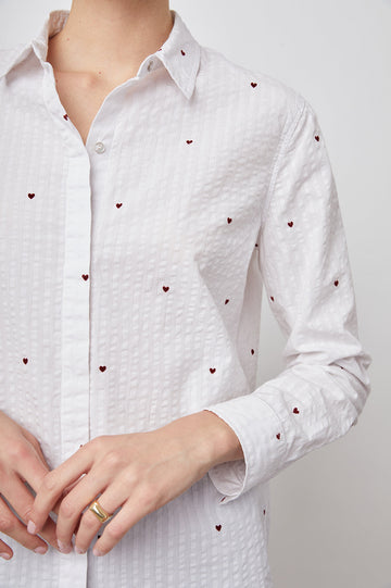 Taylor Long-Sleeve Button Up with Small Red Hearts in Hearts Colorway, White with Alternating Textured Stripes - Front View Featured on Model