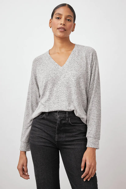 Thalia Melange Grey V-Neck Sweater- front tucked in