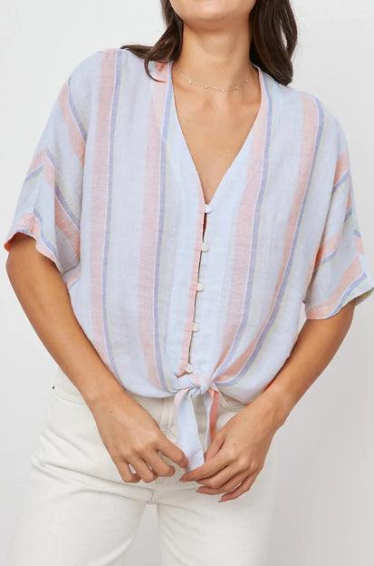 THEA BIARRITZ MULTI STRIPE TIE FRONT BLOUSE- FRONT