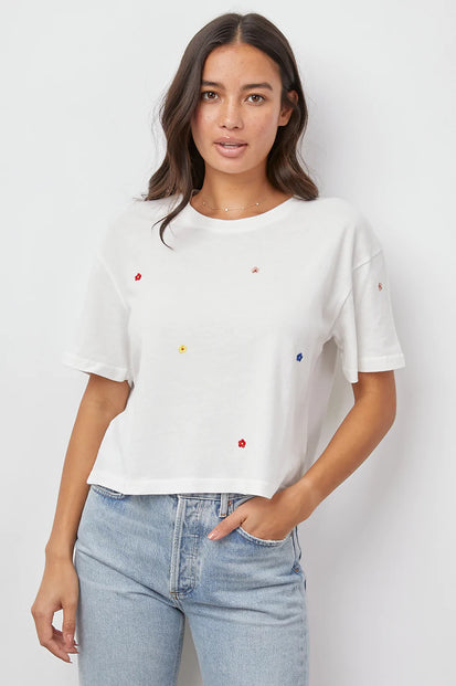 THE BOXY CREW WHITE MULTI COLOR DAISY EMBROIDERY- FRONT 