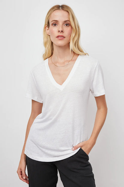 THE CARA V NECK OPTIC WHITE SHIRT- FRONT UNTUCKED