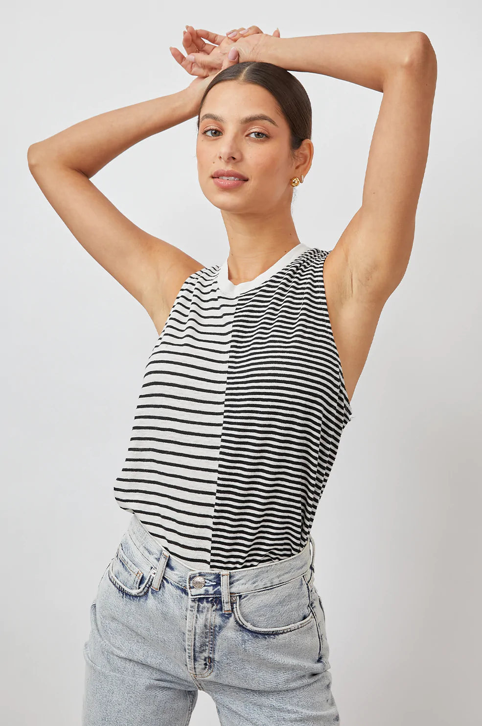 THE SPLIT TANK WHITE BLACK MIXED STRIPES TANK-FRONT IN MOTION