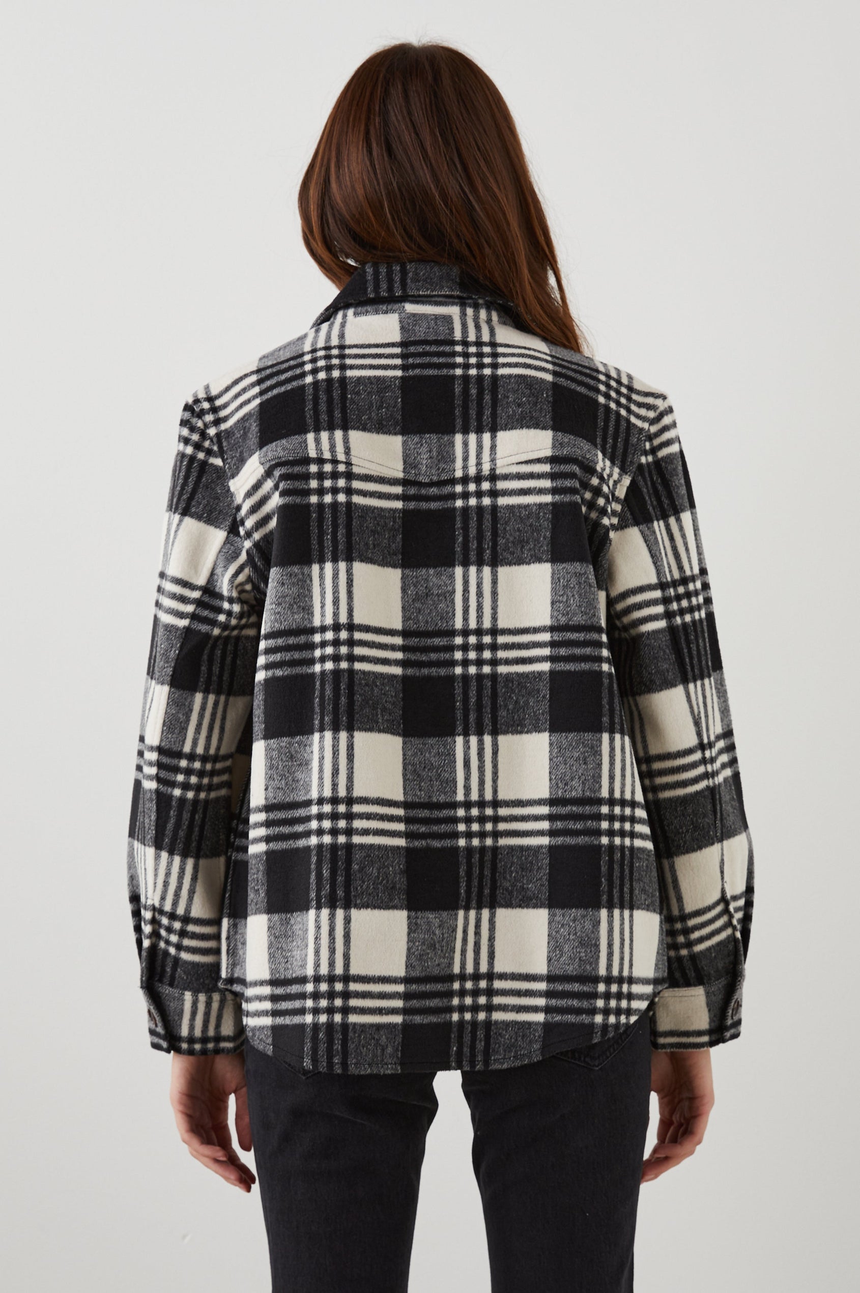 Tripp Shirt Jacket, Long-Sleeve Button Up with a Chest Patch Pocket in Oyster Black Colorway, a Plaid in Cream and Black - Back View Featured on Model 