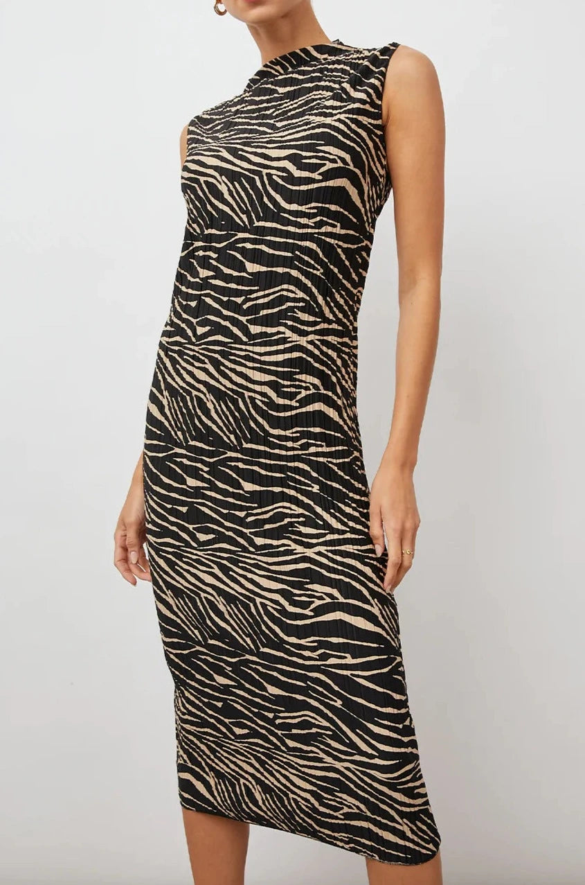Wakely Sleeveless Midi Dress with Pleated Fabric and a Mock Neck in Cairo Colorway, a Black and Tan Tiger Print - Front Full Body View Featured on Model 