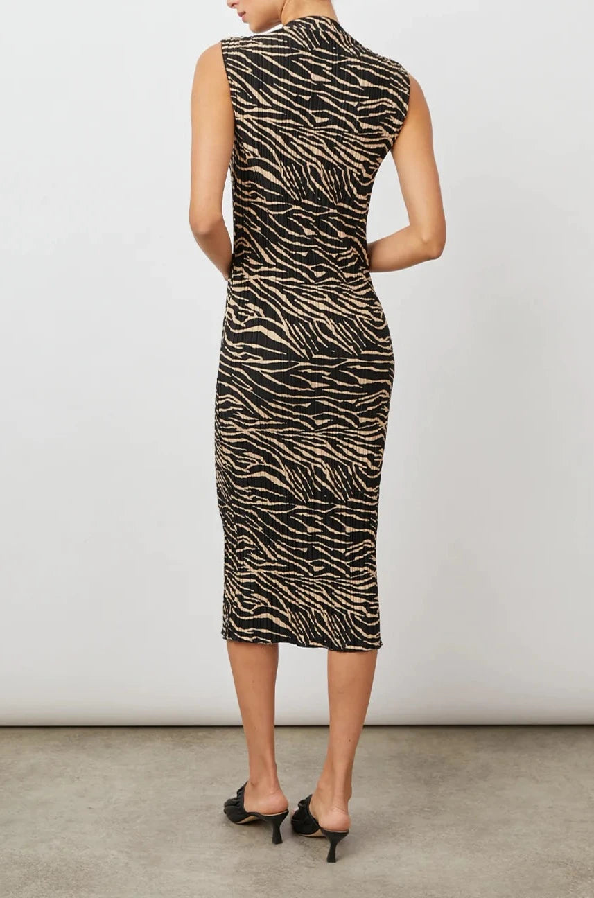 Wakely Sleeveless Midi Dress with Pleated Fabric and a Mock Neck in Cairo Colorway, a Black and Tan Tiger Print - Back Full Body View Featured on Model 