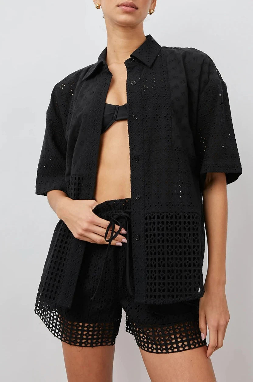 YURI BLACK EYELET MIX TOP -FRONT