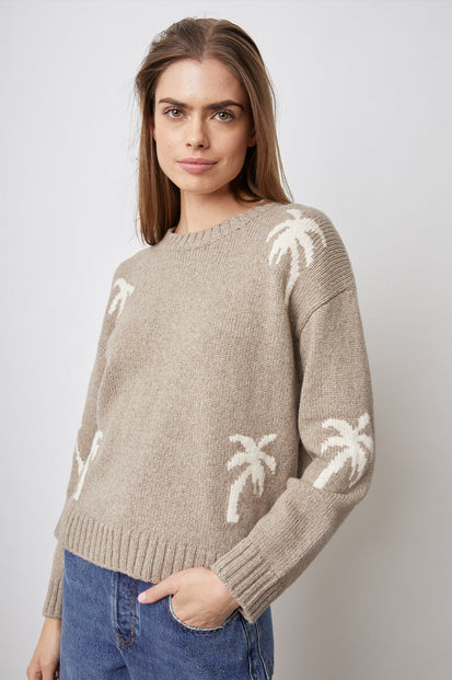 ZOEY SWEATER OATMEAL IVORY PALMS - FRONT BODY