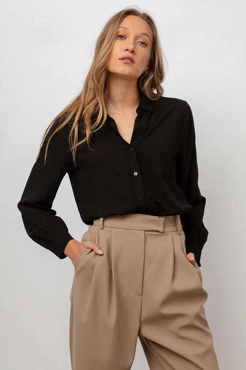 Noemi Black Long Sleeve Button Down Shirt- front tucked