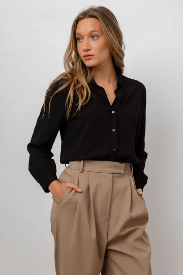 Noemi Black Long Sleeve Button Down Shirt- front styled