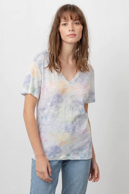 The Cara V-Neck Rainbow Tie Dye Shirt- front untucked